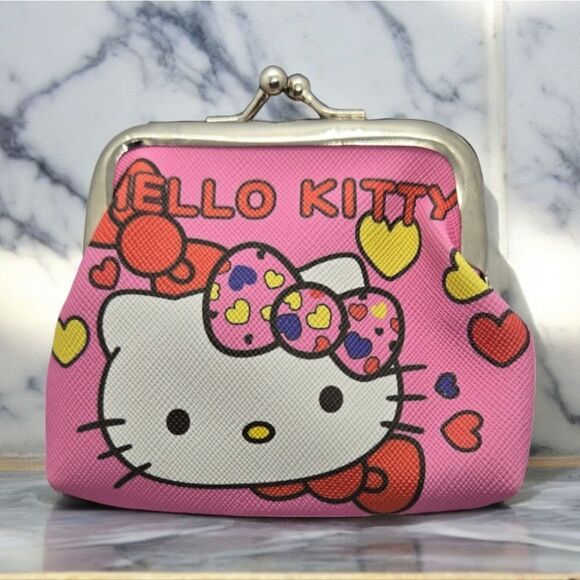 Hello Kitty Coin Pouch Mini Change Purse Pink Cartoon Cat Hearts PU Leather NWT - Picture 1 of 4